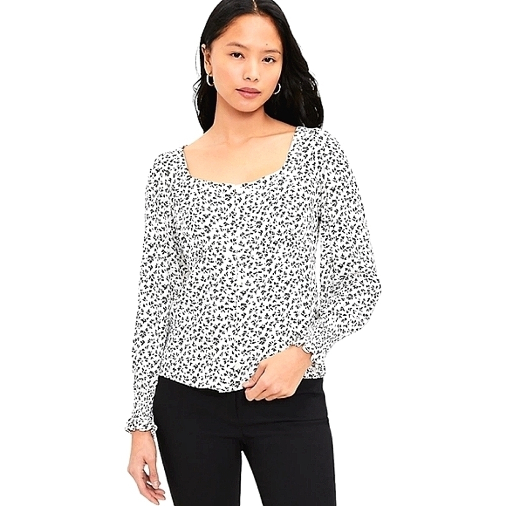 Loft White with Black Floral BUTTON SQUARE NECK TOP M